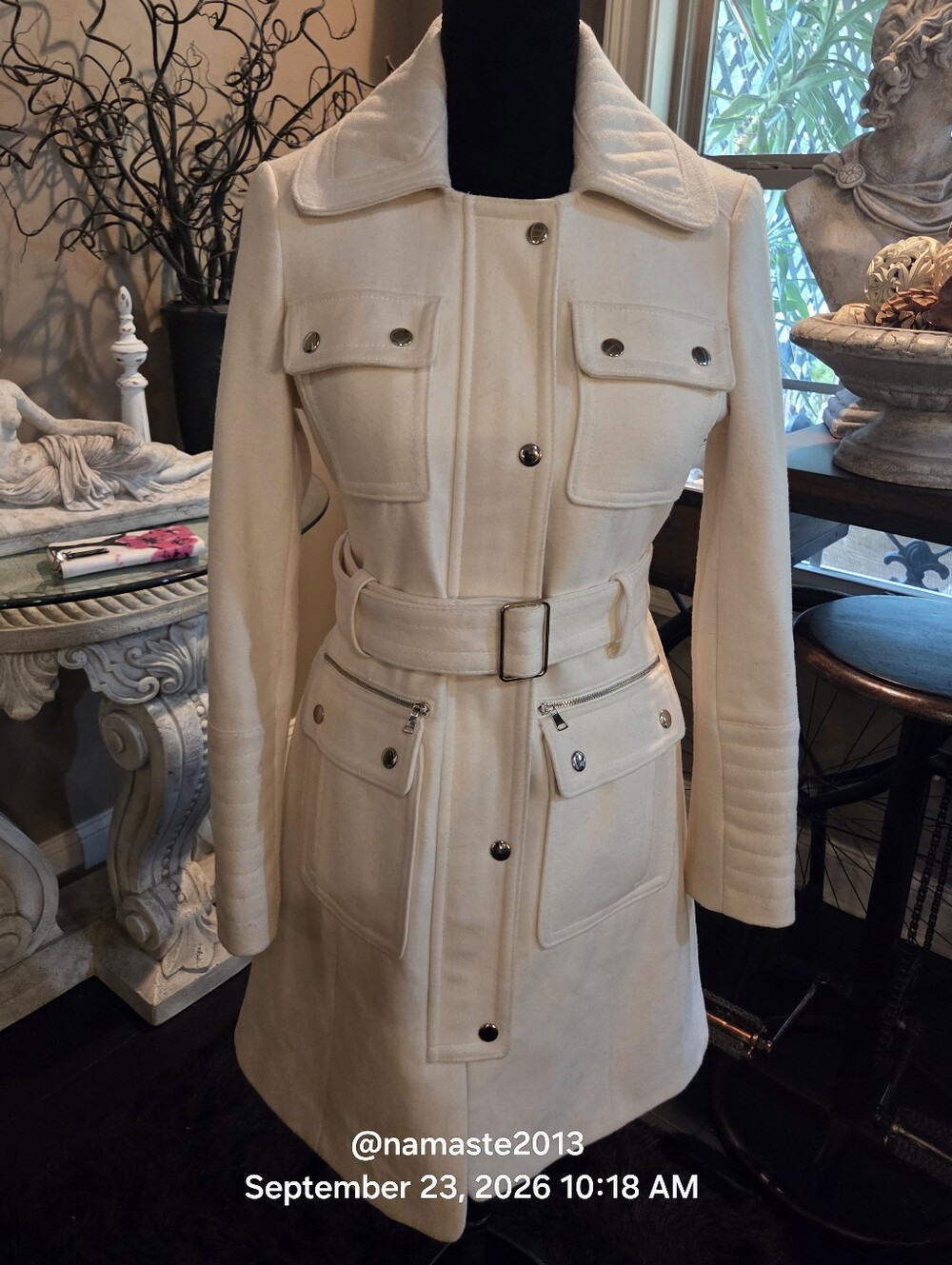 bebe Wool Blend Off White Belted Military-Style Pea Coat Designer Winter #123